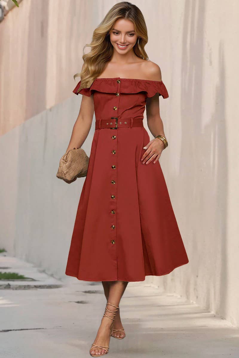 CWDMD6200_VINTAGE OFF SHOULDER RUFFLE BELTED A-LINE DRESS