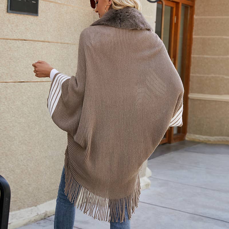 FRINGE CAPE SHAWL KNIT STRIPED FUR COLLAR SCARF
