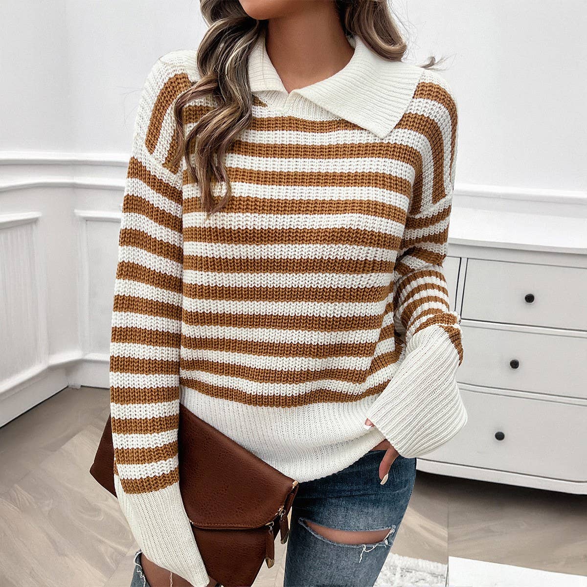 Casual baggy lapel striped long-sleeved sweater