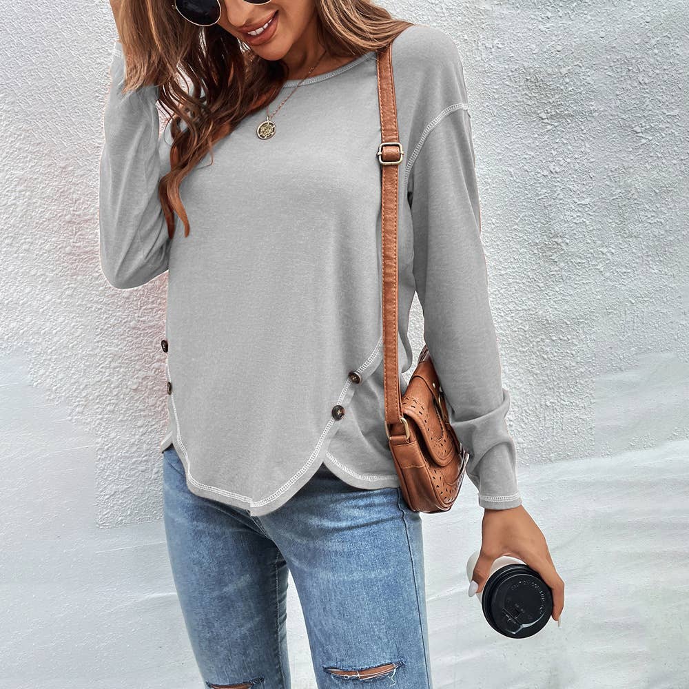 Decorative buttons irregular hem T-shirt