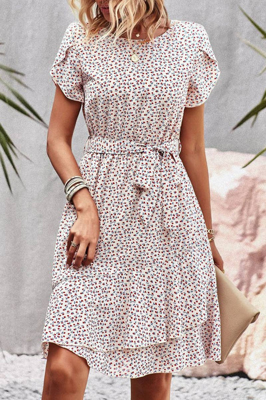 CWDSD2342_Round Neck Short Sleeve Tiered Waist Midi Dress