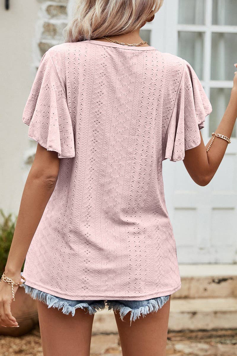 CWTBLS0359_Round neck Ruffle Sleeve Blouse