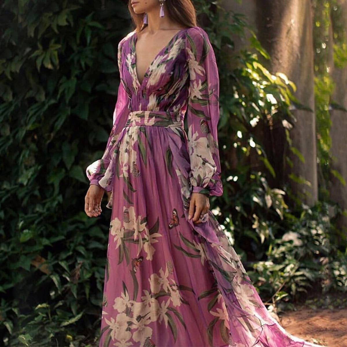 DEEP V-NECK LONG SLEEVE PRINTED WAIST LONG DRESS