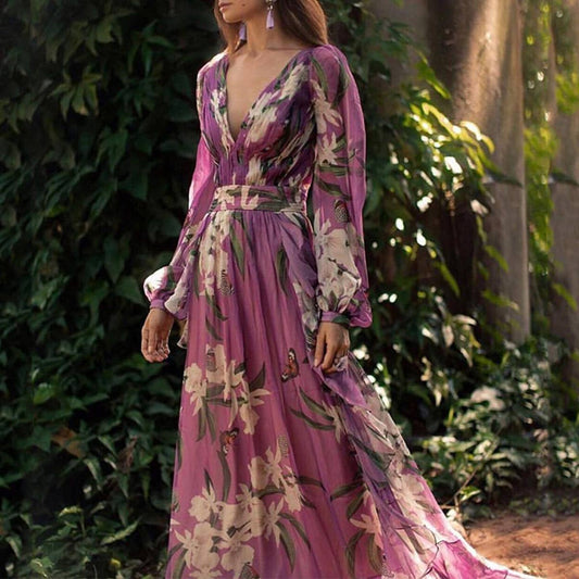 DEEP V-NECK LONG SLEEVE PRINTED WAIST LONG DRESS