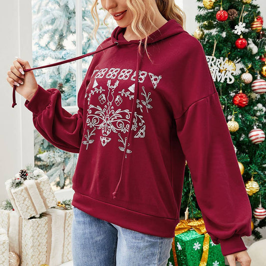 CHRISTMAS PRINT LONG-SLEEVED HOODED CASUAL HOODIE