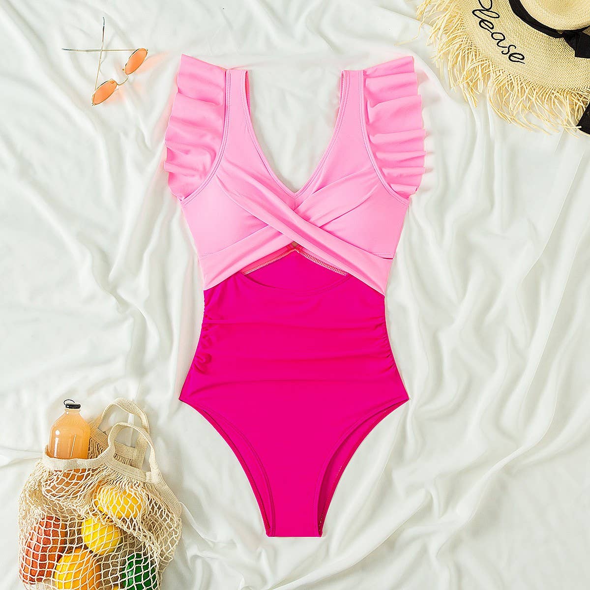RUFFLED SMALL FLYING SLEEVE TUMMY CONTROL SWIMSUIT