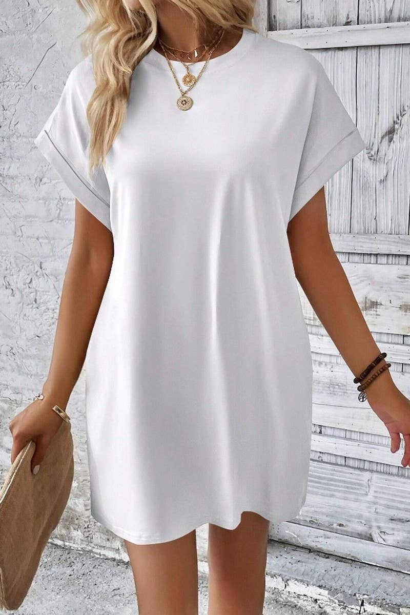 CWDSD3628_SOLID COLOR ROUND NECK LOOSE POCKET SHORT DRESS