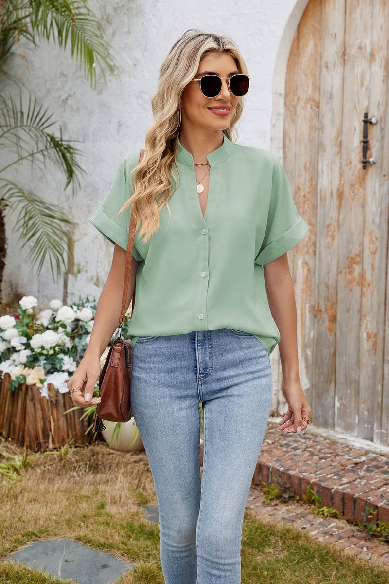 CWTBLS2280_SOLID V-NECK BUTTON DOWN CASUAL SHIRT TEE TOP