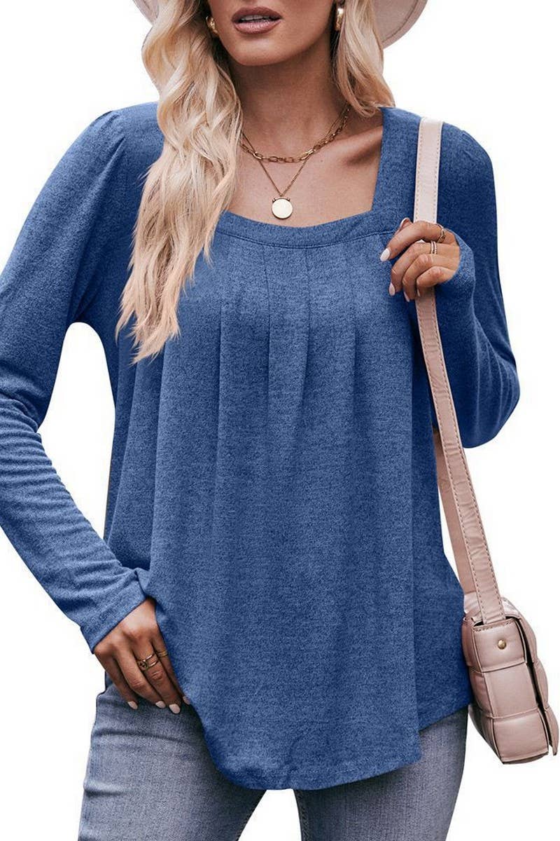 CWTBLL1836_PUFF SLEEVE SQUARE NECK PLEATED LONG SLEEVE TOP