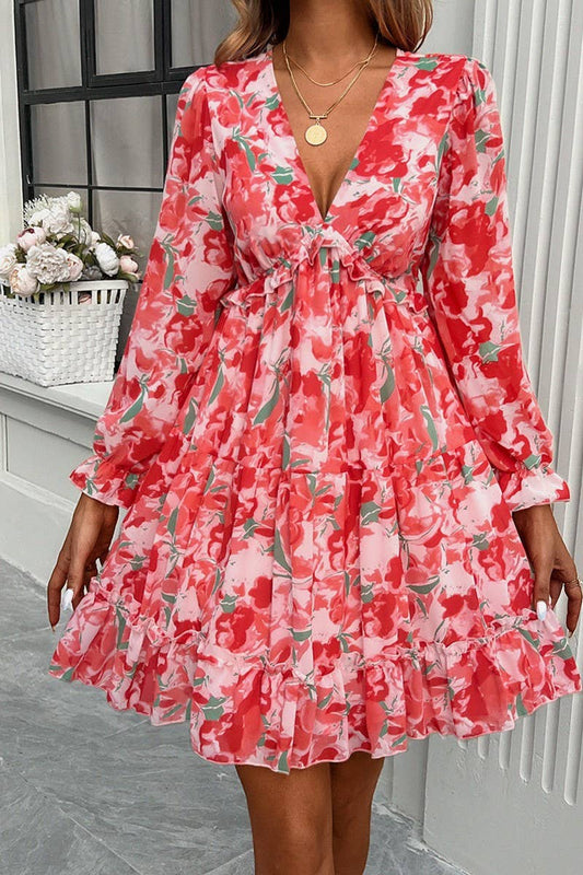 CWDSD7137_ELEGANT PRINTED V NECK LONG SLEEVE DRESS