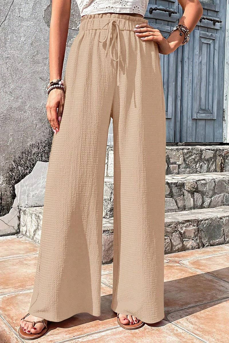 CWBLP1867_FASHIONABLE BUBBLE PLAID CASUAL WIDE-LEG PANTS