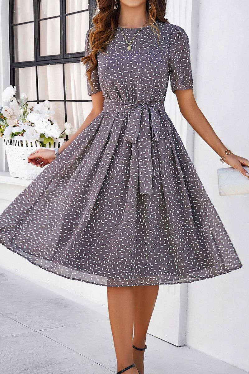 CWDSD7139_TEMPERAMENT CASUAL POLKA DOT LACE-UP PRINT DRESS