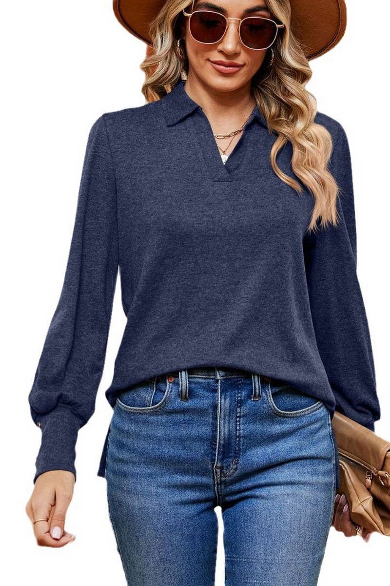 CWTBLL2398_SOLID COLOR POLO NECK LONG SLEEVE BUTTON PULLOVER