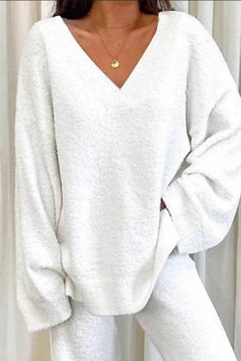 CWSTB00381_SOLID COLOR V-NECK CASUAL HOME WARM SUIT