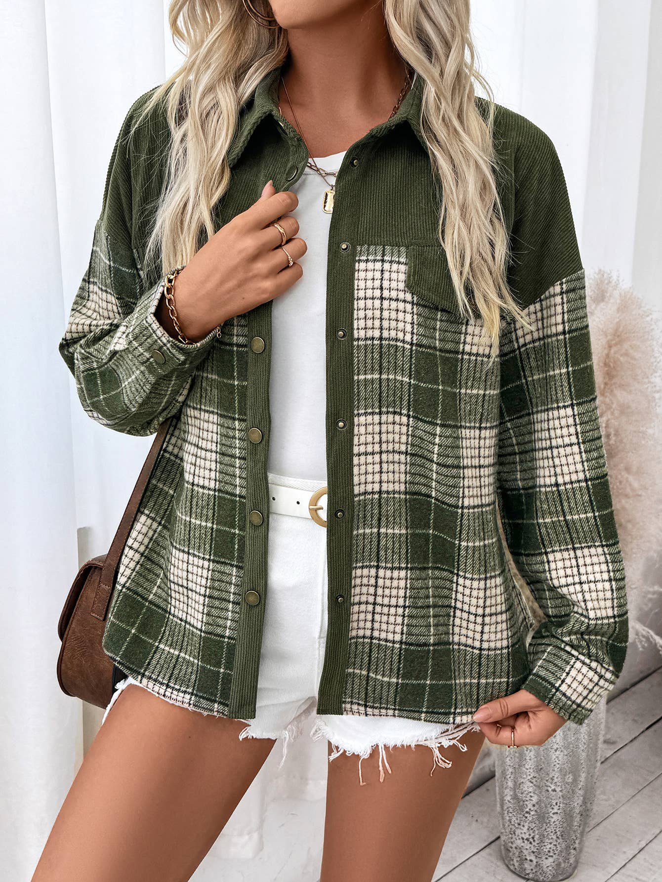 Checkered color-blocked corduroy coat
