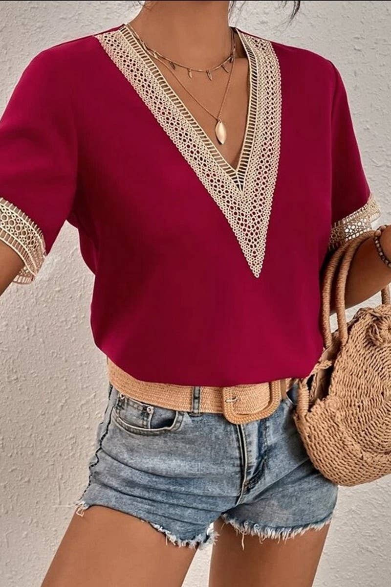 CWTBLS0826_V-NECK LACE CASUAL SOLID COLOR SHIRT