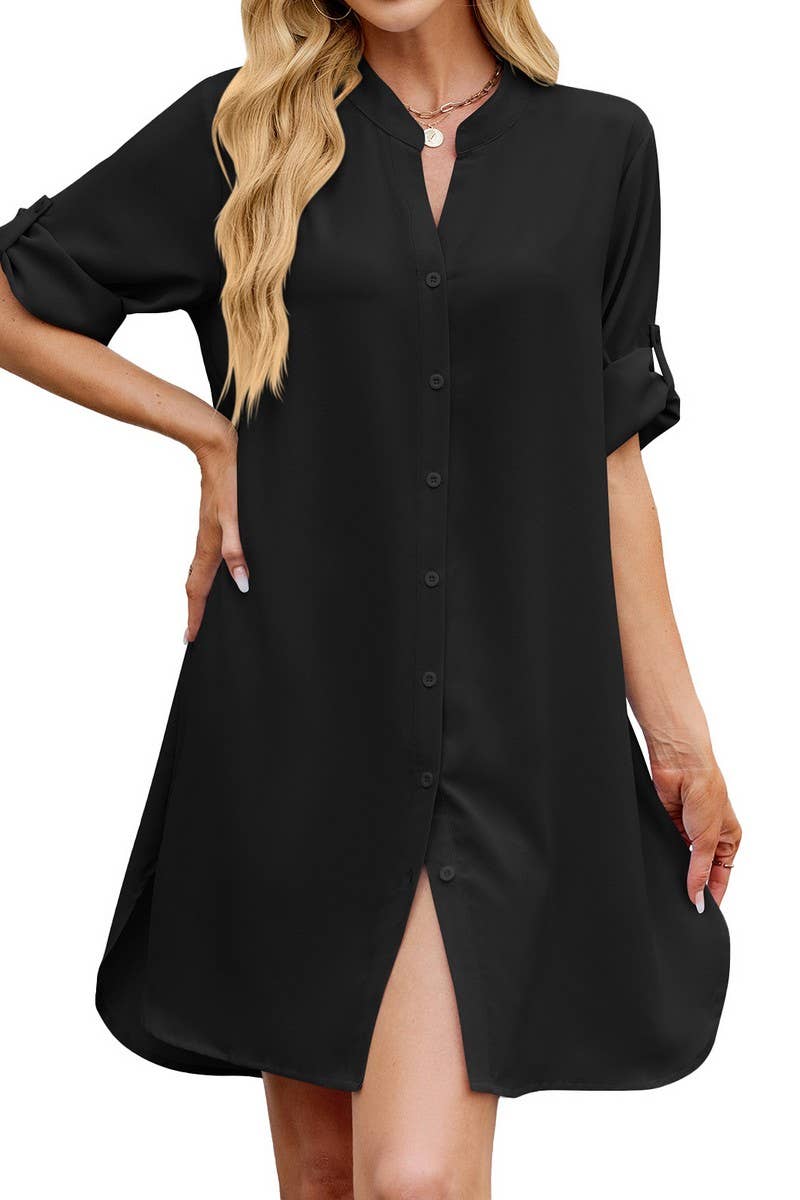 CWTDSS0073_SOLID LOOSE FIT MID SLEEVE BUTTON SHIRT DRESS