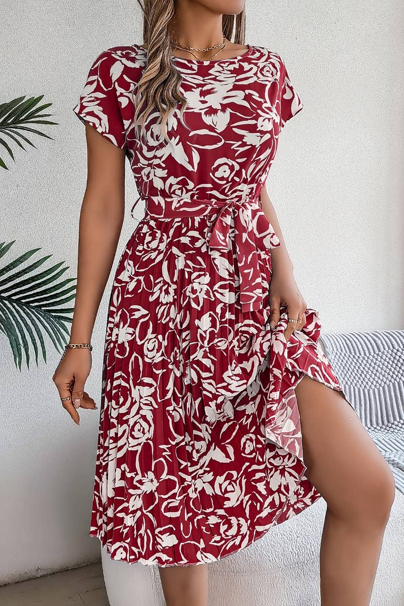 CWDMD2665_SUMMER FLOWER SHORT SLEEVE PLEATED DRESS