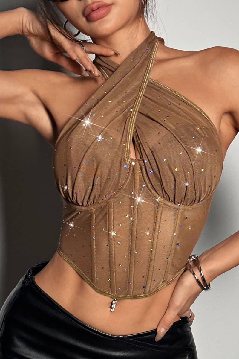 CWTHT0163_DIAMOND-PATTERNED MESH HALTER TOP