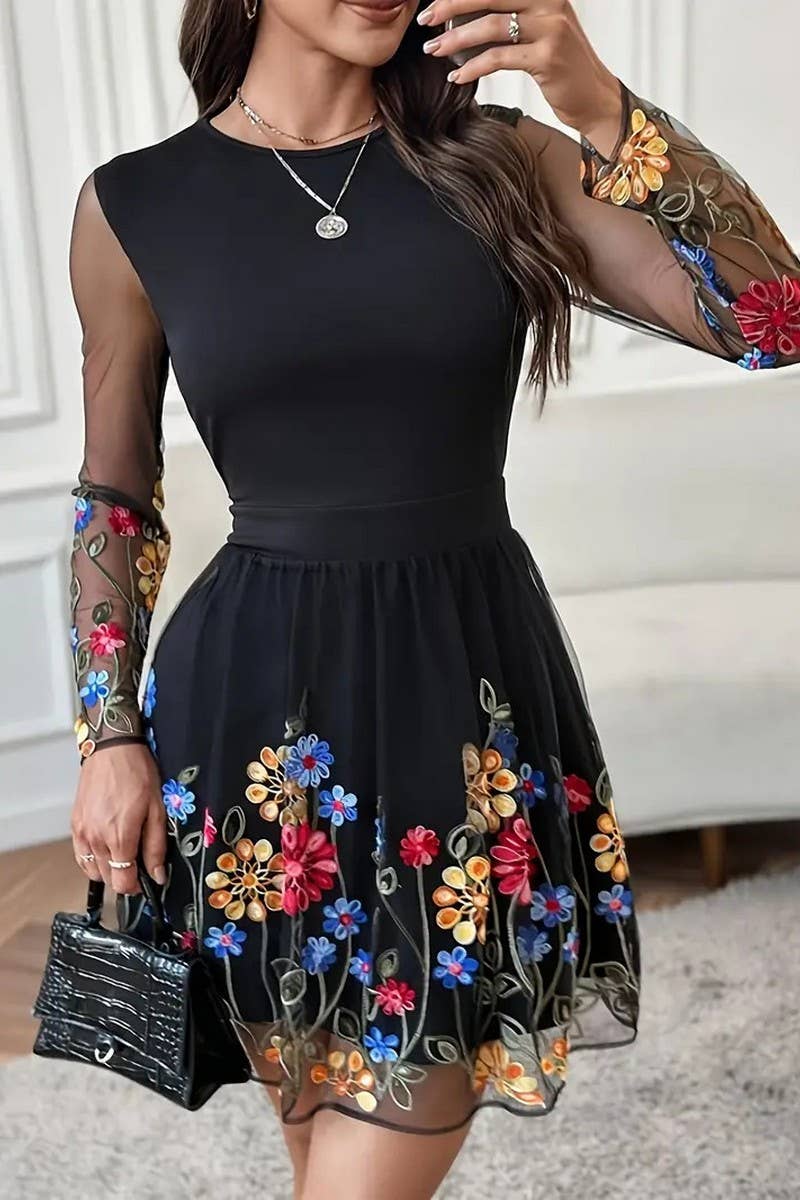 CWDSD8868_FASHION PRINTED MESH LONG SLEEVE DRESS