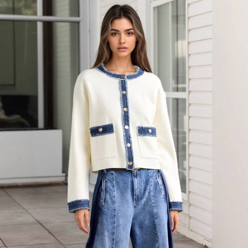 Denim color-blocking round-neck short coat