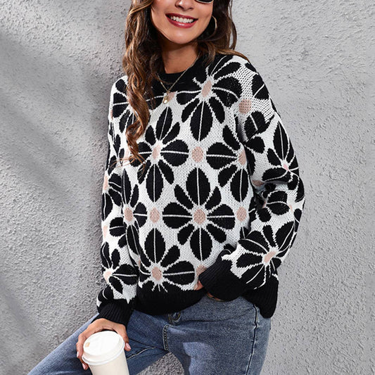 FLORAL DROP SHOULDER LONG-SLEEVED KNIT SWEATER