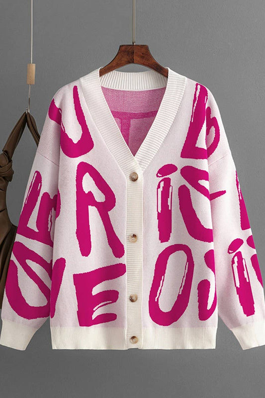 CWOCAL00668_LETTER JACQUARD SINGLE BUTTON KNIT CARDIGAN
