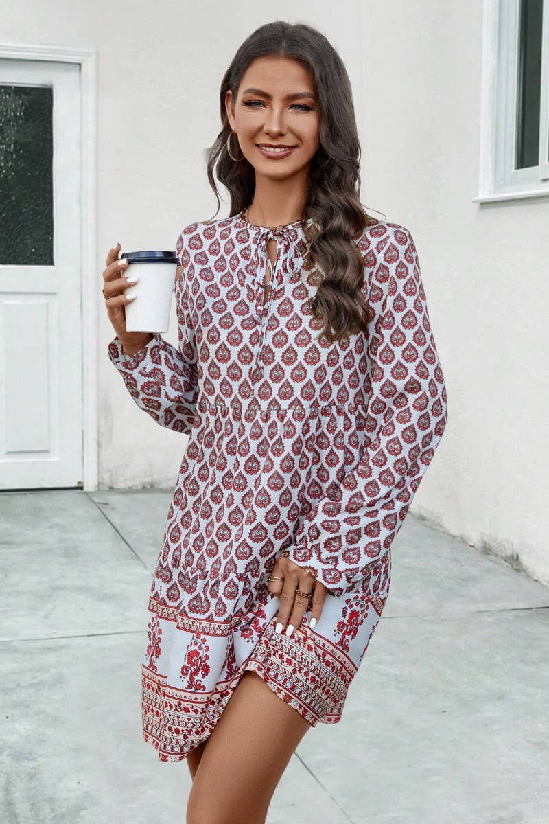 CWDSD4870_PRINTED LONG SLEEVE CREW NECK DRESS