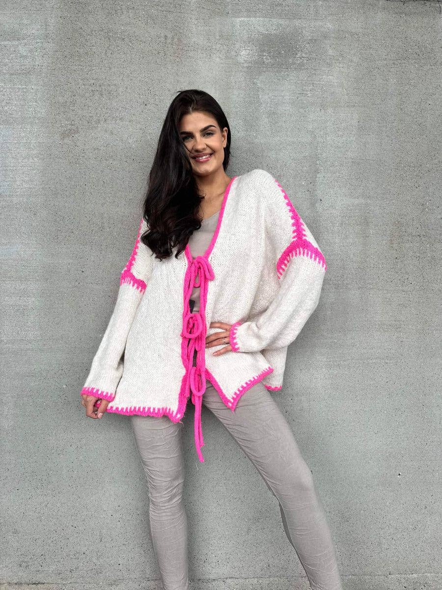 Color-blocking bow knitted cardigan