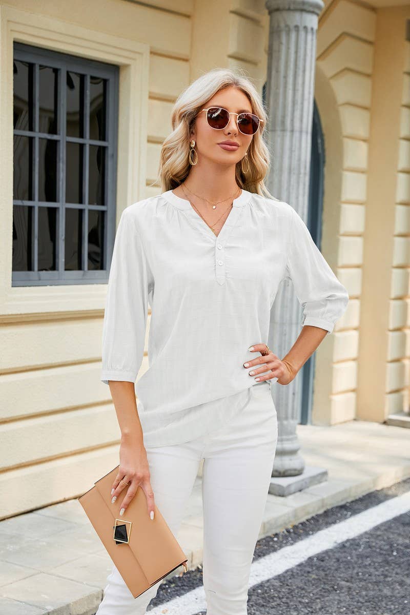 CWTTS0829_3/4 Sleeve V Neck Knit Top