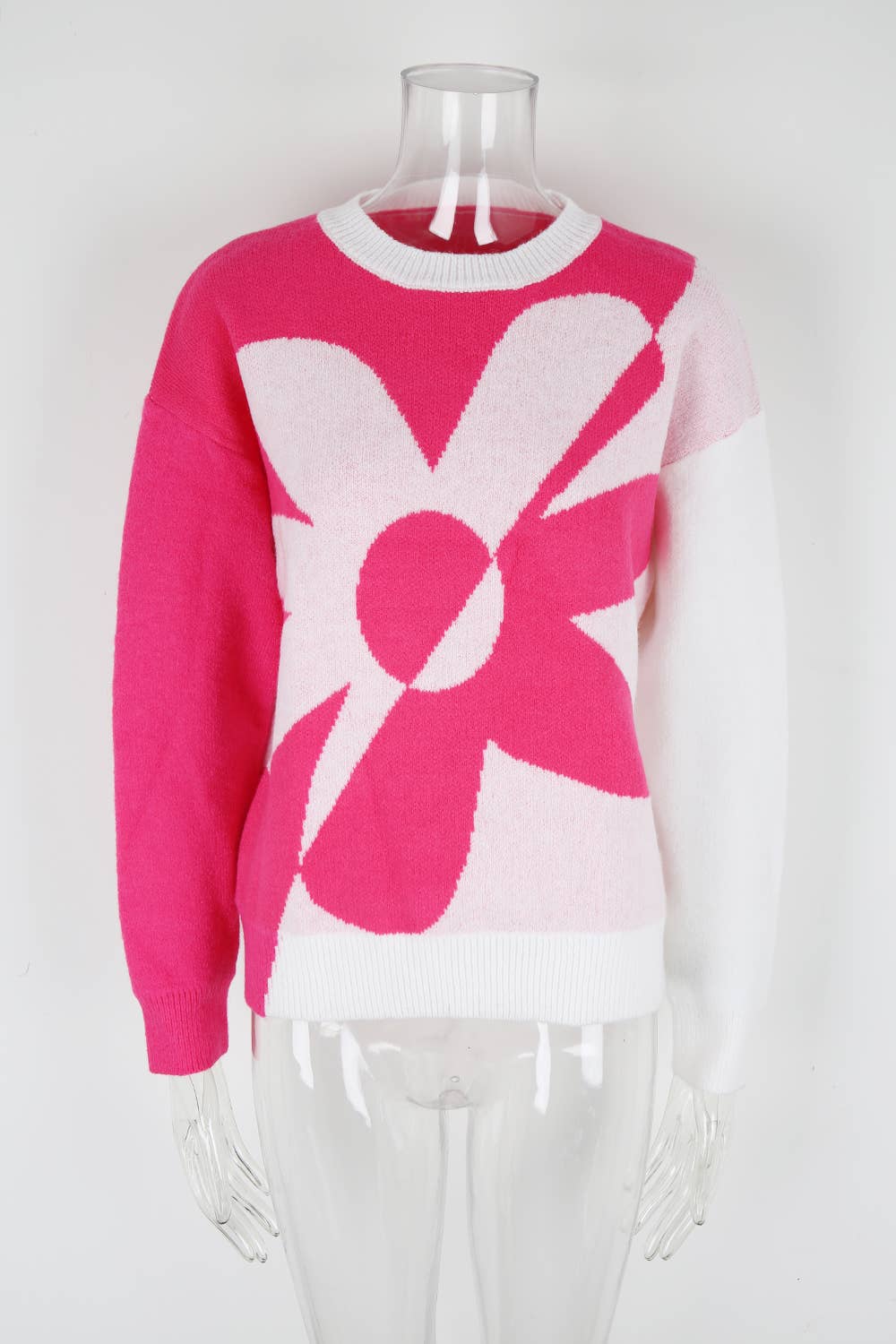 Floral color-blocking knitted pullover sweater