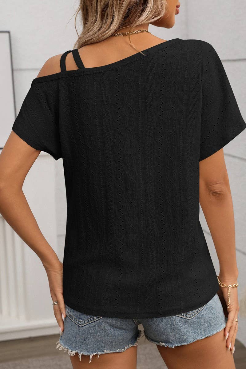 CWTBLS1717_SOLID COLOR ONE SHOULDER HOLLOW SHORT SLEEVE TOP