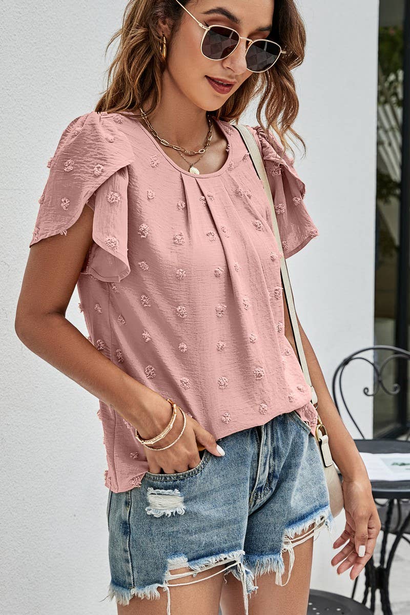 CWTBLS0342_Round neck Short Puff Sleeve Blouse