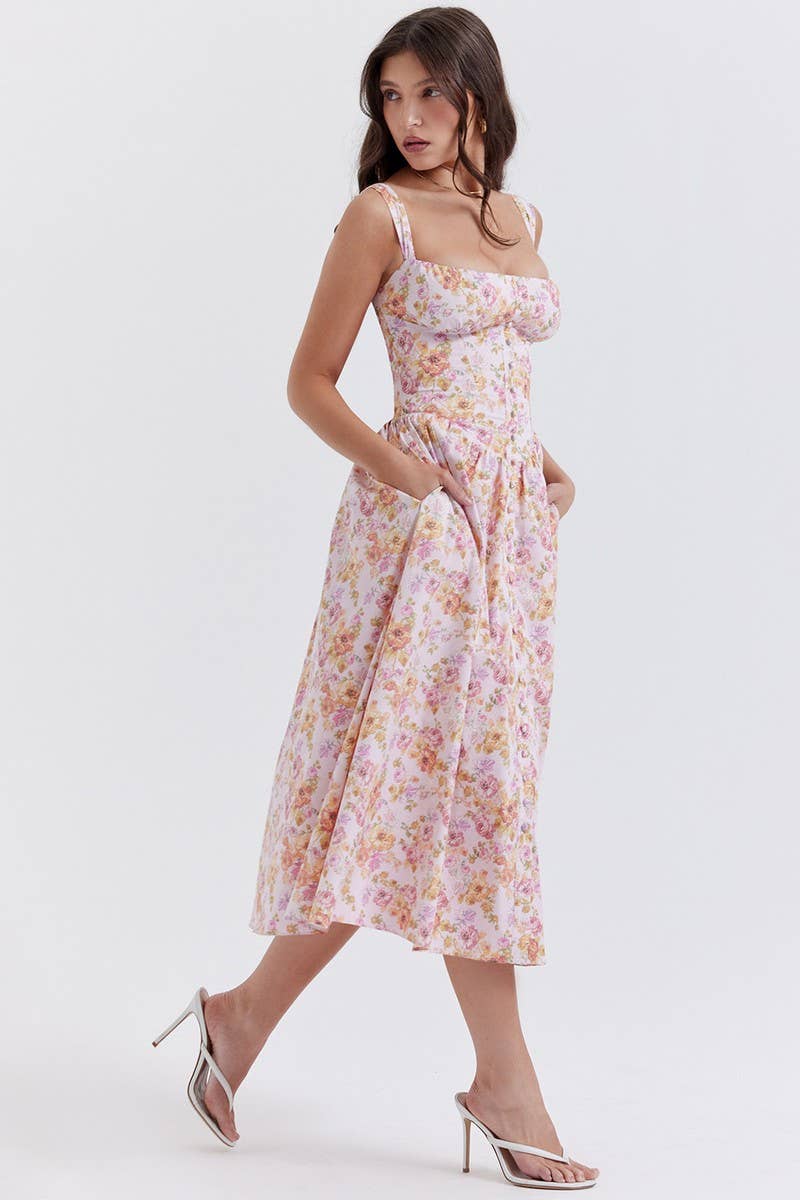 CWDMD5937_FLORAL STRAPLESS SHORT SLEEVE CAMI DRESS