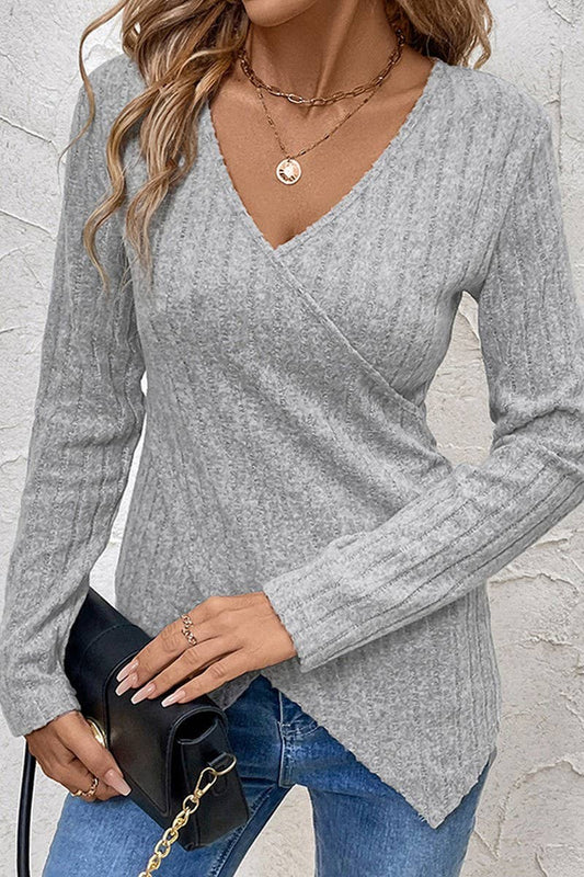 CWTBLL1759_SOLID COLOR STRIPED BRUSHED V-NECK T-SHIRT TOP