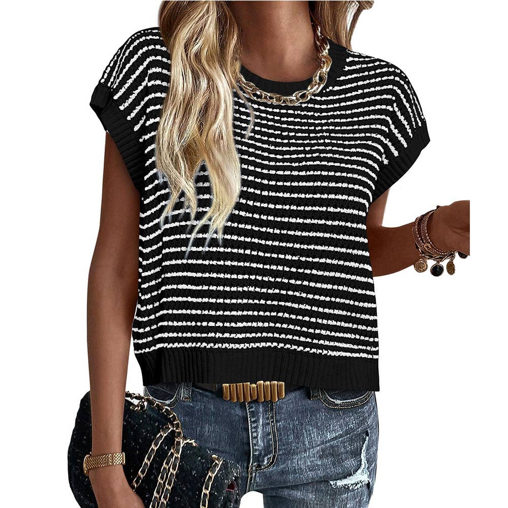 Crew-neck knit loose striped contrasting sweater