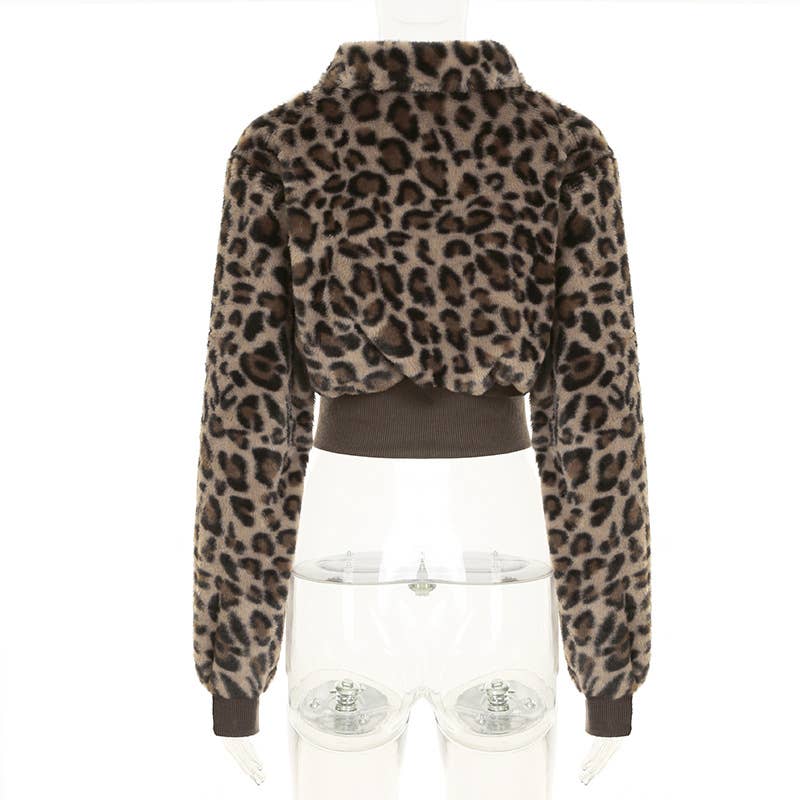 CROPPED WAIST FUR PATCHWORK LEOPARD PRINT JACKET