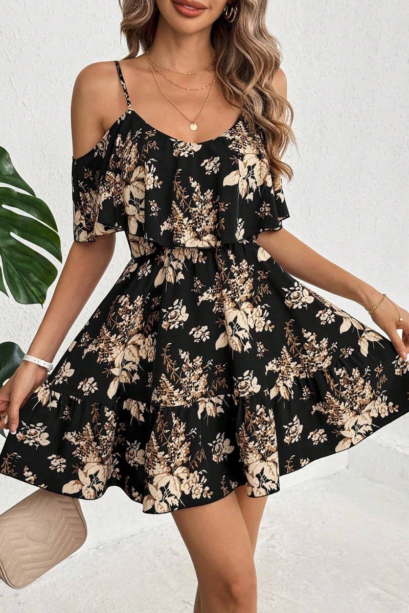 CWDHL0971_WOMEN'S ELEGANT PRINTED SLING WAIST RUFFLE DRESS