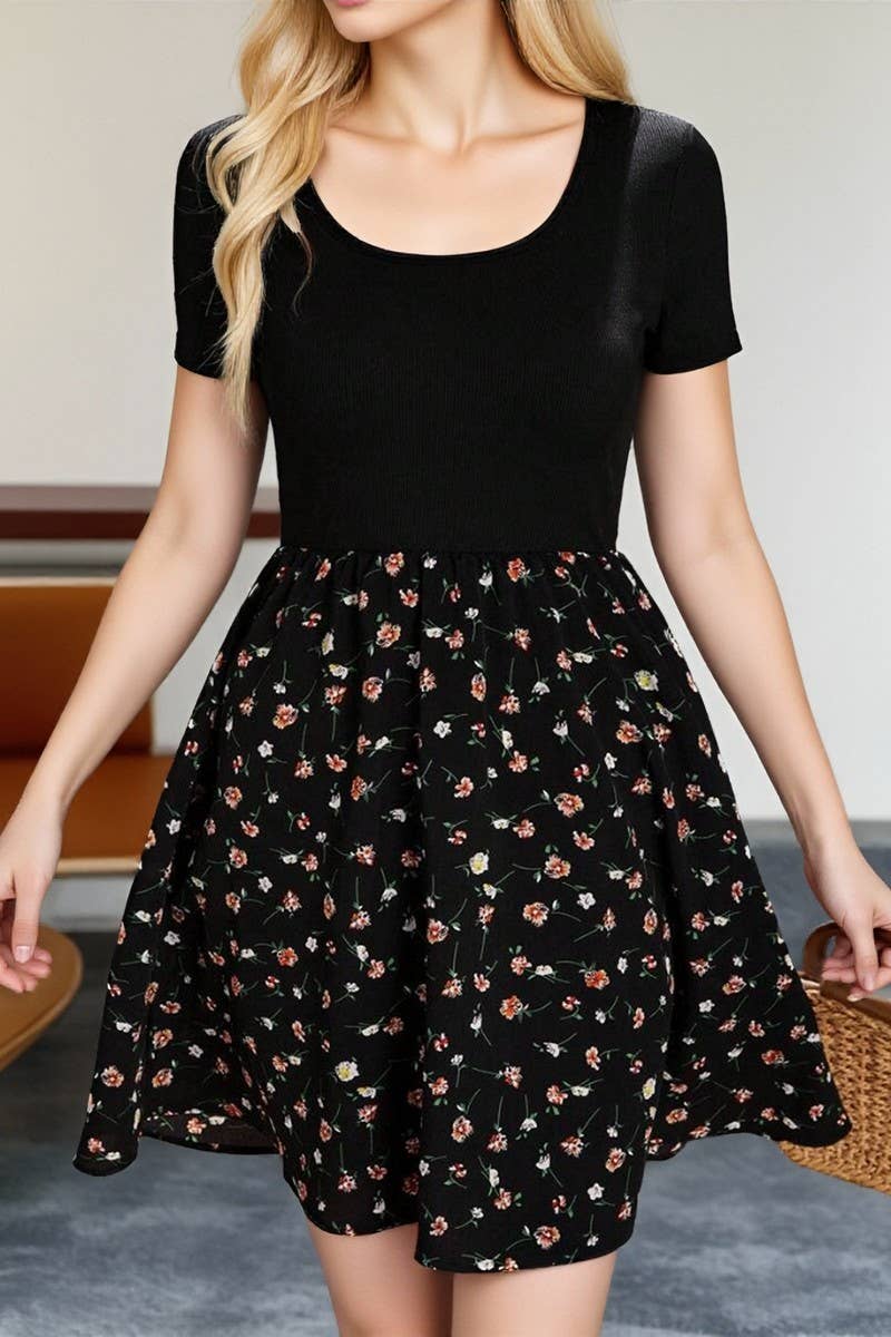 CWDSD10531_ROUND NECK PRINTED PATCHWORK DRESS