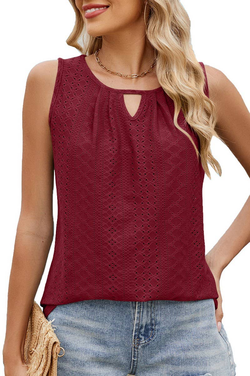 CWTBLSL0679_ROUND NECK CUTOUT PLEATED SLEEVELESS T-SHIRT TOP