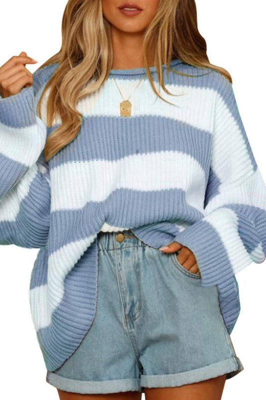CWOSWL5734_STRIPED LOOSE CREW NECK LONG SLEEVE SWEATER TOP