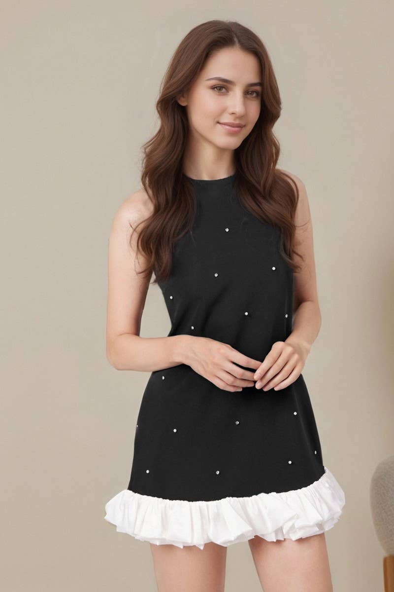 CWDSD8897_BLACK STAR PRINT SPLICED A-LINE SLEEVELESS DRESS