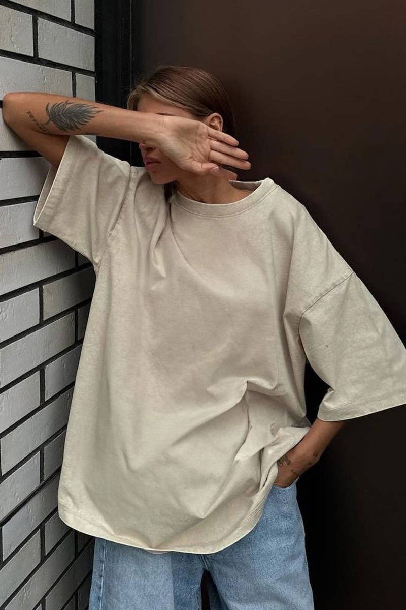 CWTTS1176_ROUND NECK WASHED DISTRESSED SHORT SLEEVE T-SHIRT