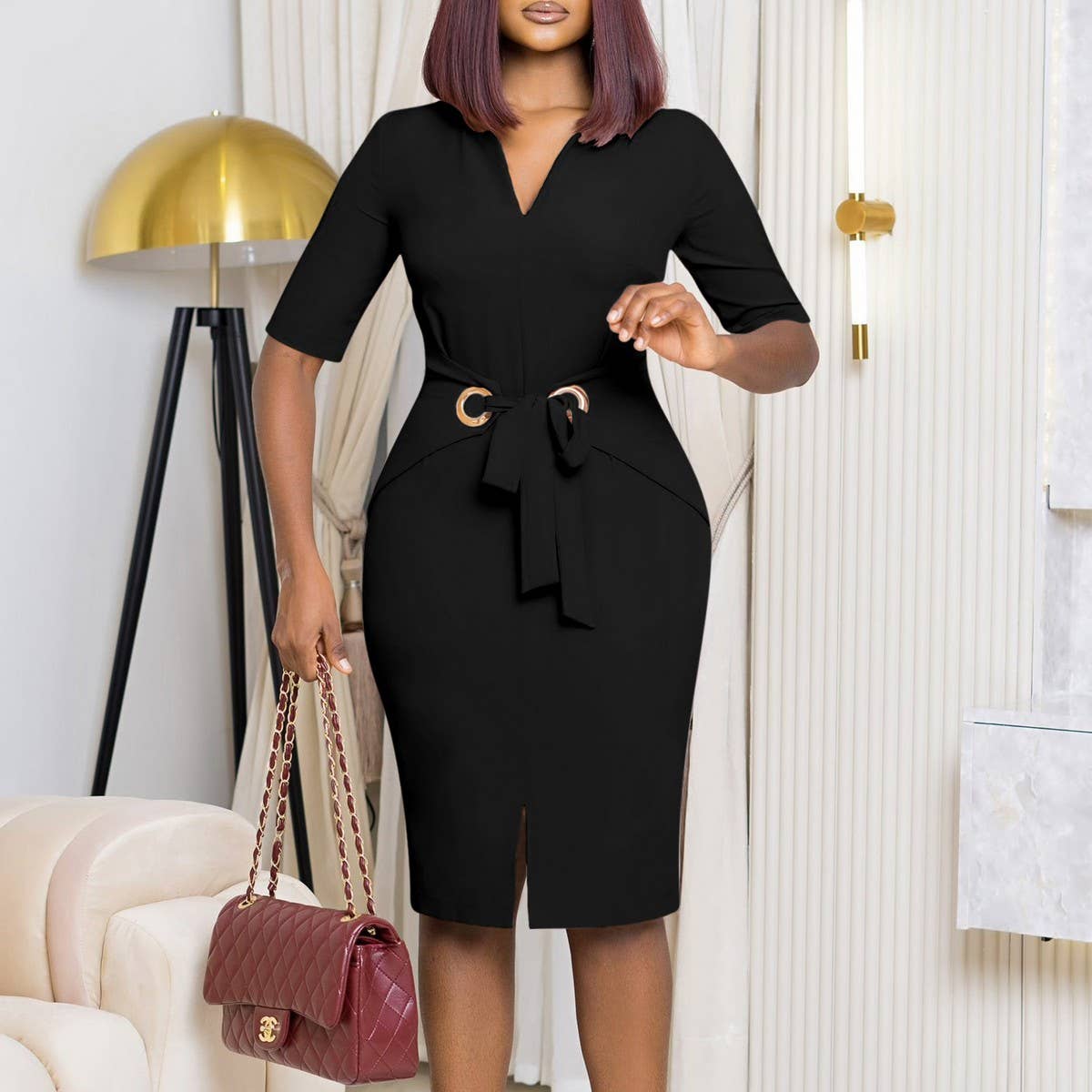 V-NECK SOLID COLOR HIP-HUGGING ELEGANT DRESS