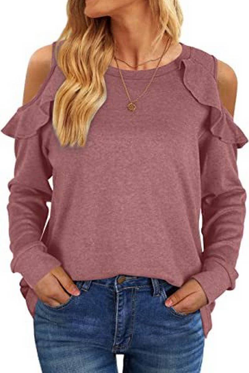 CWTBLL2671_ROUND NECK OFF-SHOULDER RUFFLED LOOSE TOP