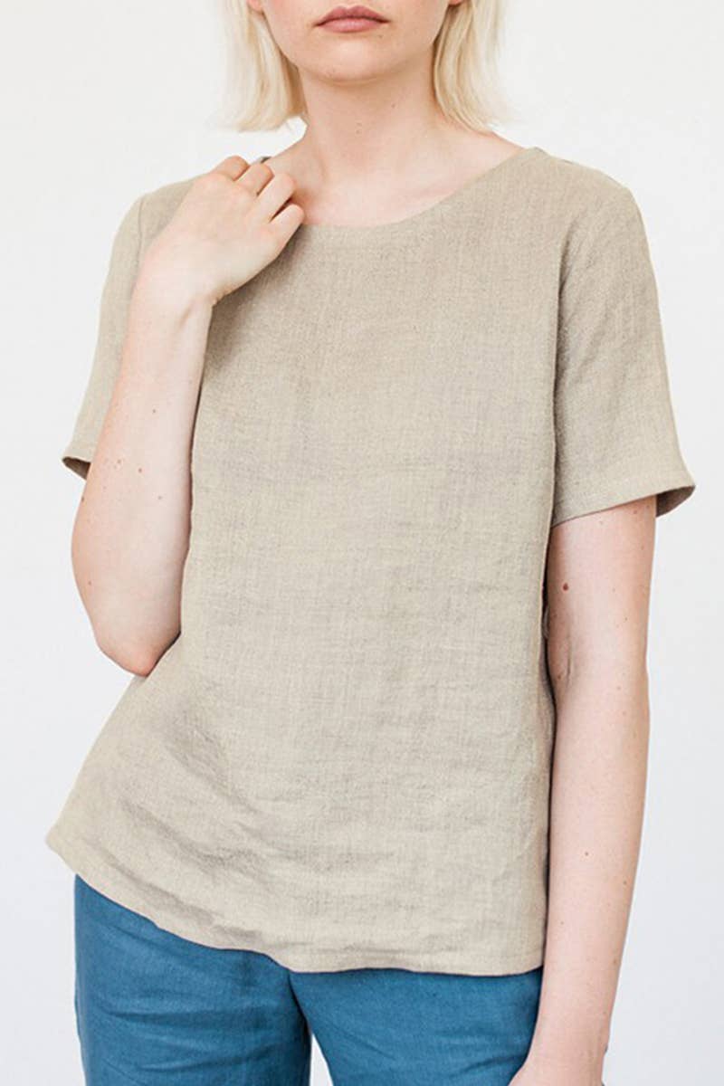 CREW-NECK CASUAL COTTON LINEN BLOUSE