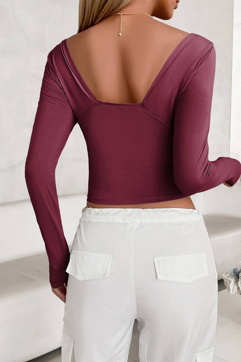 CWTTL2002_SPRING AND AUTUMN V-NECK SLIM-FIT LONG-SLEEVED TOP