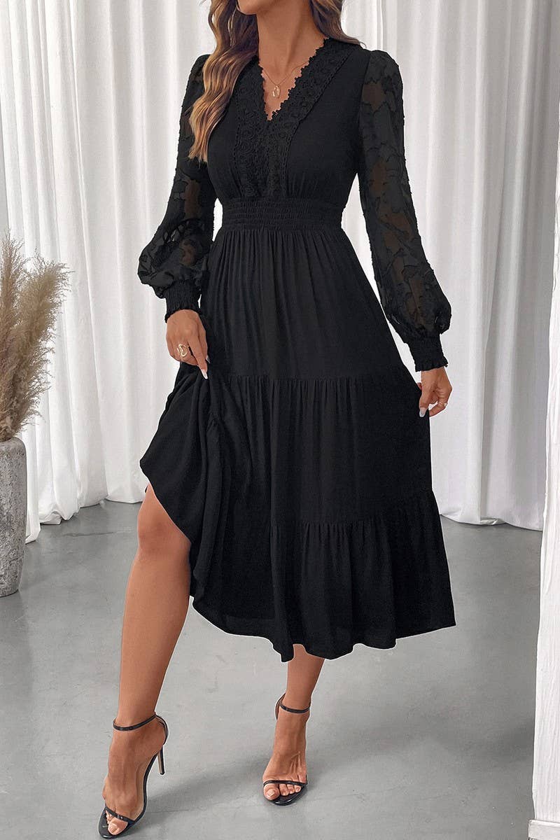 CWDMD01040_V NECK WAIST LACE LONG SLEEVE SOLID DRESS