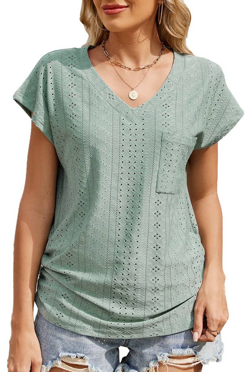 CWTBLS1730_SOLID COLOR V-NECK POCKET SHORT-SLEEVED TOP