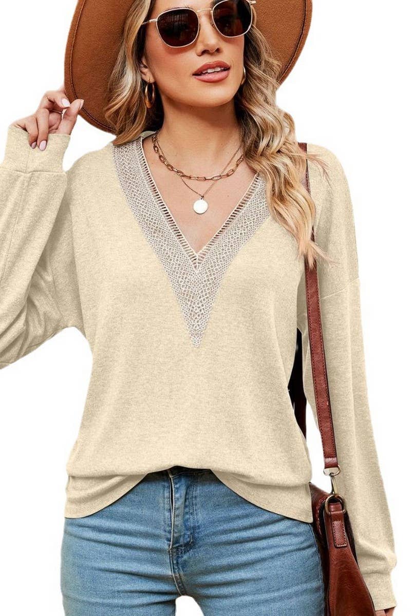 CWTBLL2393_LONG SLEEVE LACE V-NECK SOLID COLOR T-SHIRT TOP